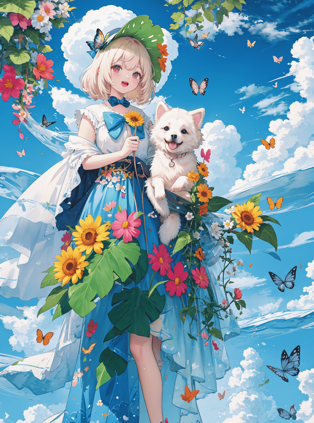 cô gái, chó con, anime, hoa hướng dương, bầu trời xanh