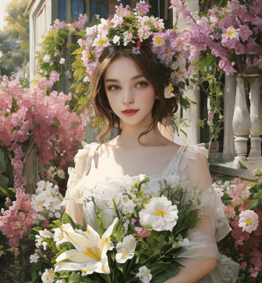 cô gái, tranh sơn dầu, váy trắng, vườn hoa, mũ hoa