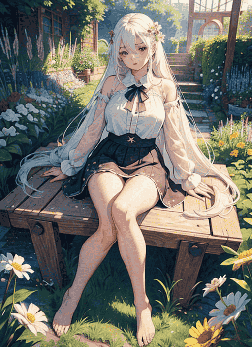 Cô gái với đôi chân trần ở giữa vườn hoa