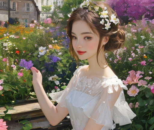cô gái, tranh sơn dầu, váy trắng, vườn hoa